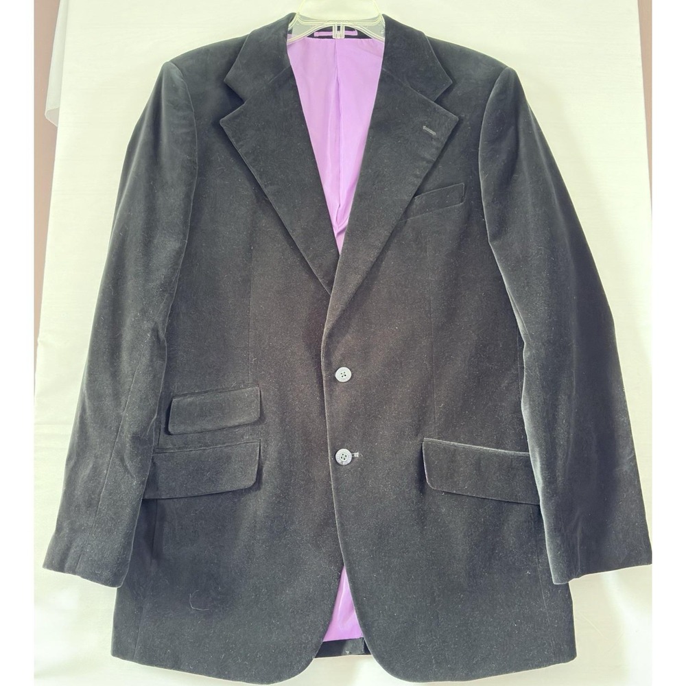 Dragonfly‎ Mens Black Velvet Blazer Purple Lining Two Button Sport Coat 44 Chest